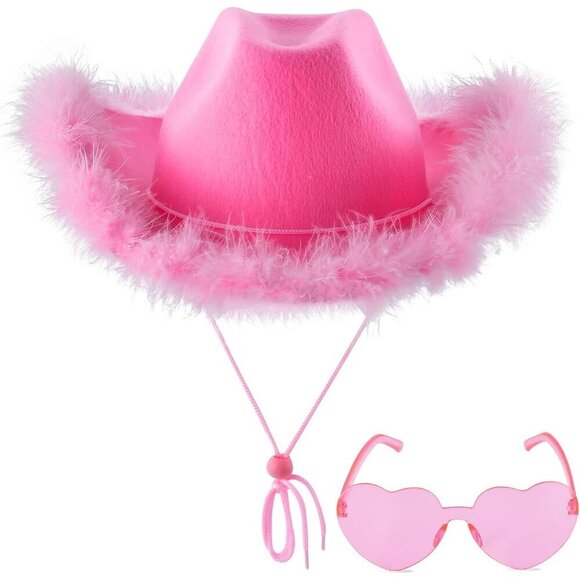 Pink Feathers Cowboy Hat and Heart Sunglasses Set for Women Bachelorette Party main image 6